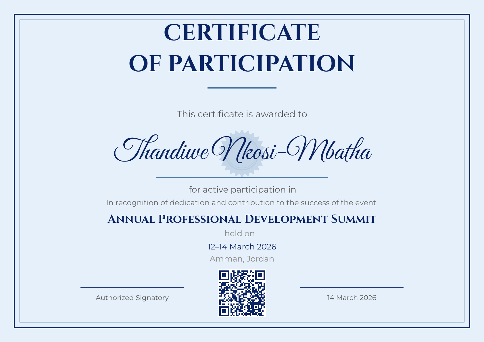 Blue Participation Certificate